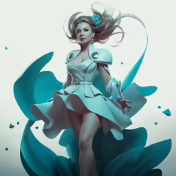 a painting of a girl in a dress on top of a flower