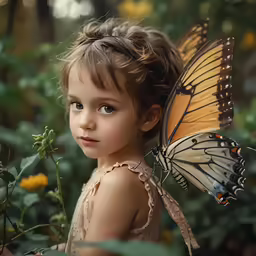 a child is posing with a butterfly in her hand