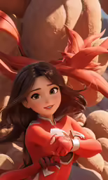 a woman wearing red next to plants with long brown hair