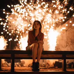 a woman sitting on a bench looking up at a fireworks