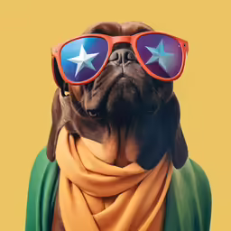 a dog wearing red glasses and yellow scarf