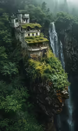 a large waterfall that has some buildings built into it
