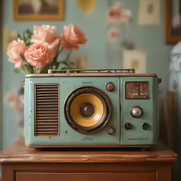 an old radio sitting on a table with pink roses