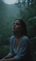 a woman sitting in the woods looking up