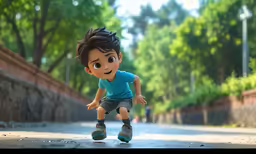an animated boy is standing on one foot