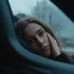 a young woman is leaning on her car window looking out the passenger seat
