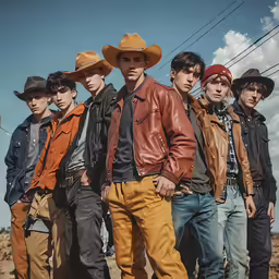 a group of boys wearing leather jackets and hats