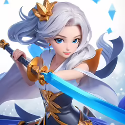 a female elf with blonde hair holding a sword