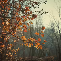 a bench is covered by autumn leaves and stands beneath an old tree