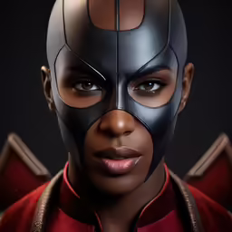a woman wearing black and red clothes with a weird looking mask