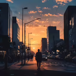 a person walks across an intersection while the sun sets