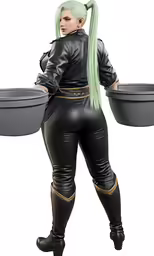 a woman with green hair holding a bowl