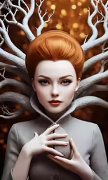 a red headed girl with long, curly hair and an interesting pattern on her body stands in front of a golden background