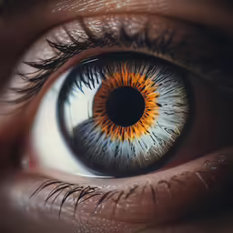 an eye with bright orange iris is shown