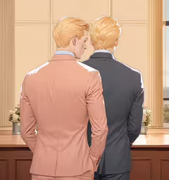 two cartoon men stand facing each other in front of a mirror,two people dressed in suits stand side by side