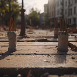 there are three cement cylinders with wooden sticks sticking out of them