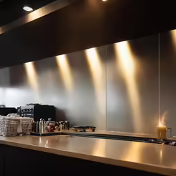a large kitchen with some lights hanging in it