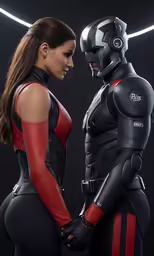 a woman in red dress and a man wearing black and red futuristic clothing