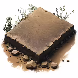 a square shaped cake sitting on top of rocks and a tree branch
