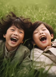two children laying down laughing and playing in the grass,a couple of kids laying on top of green grass
