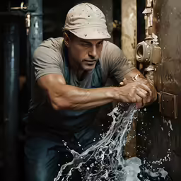 a man wearing an army cap sprays water on the door