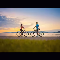 a man and woman in blue top on bicycles standing next to each other