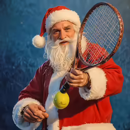 an elderly man holding a tennis racket wearing a santa suit