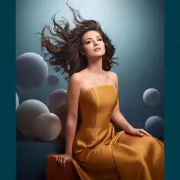 woman with long hair sitting in gold gown