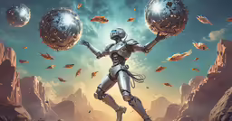an astronaut standing on a mountain with two large balls of rock in the air