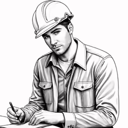 a drawing of a man sitting at a desk