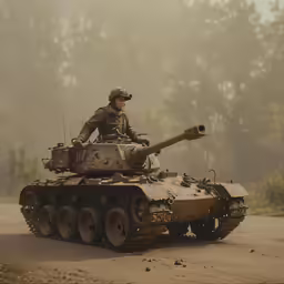 soldier seated on top of a tank on a road