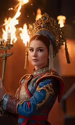 woman dressed in a russian traditional costume holding a candelabra