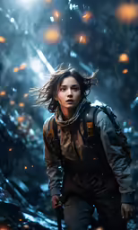 young girl in the rain with back pack on