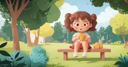 a girl sitting on top of a wooden bench holding a coffee mug