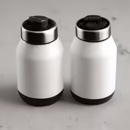 two white vases with black lids and lids