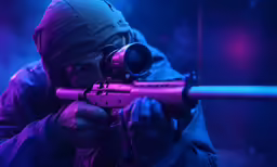a man aims at something with his rifle