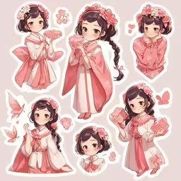 girls wearing dresses from the anime, pink flowers, butterflies and pink petals