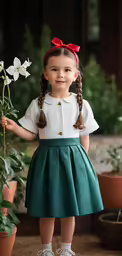 a child wearing white top and green skirt standing in front of flowers