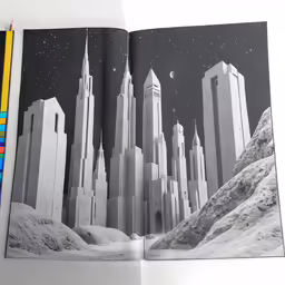 an opened book showing a large picture and a pencil