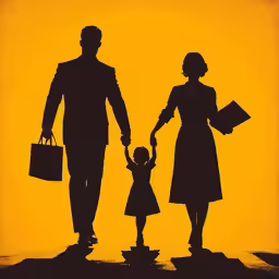 an orange picture with a silhouette of a family