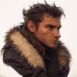 man with hair and coat wearing scarf and necktie
