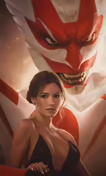 an image of a woman standing next to a creature