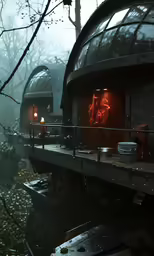a futuristic steam punk building on an old steam powered train