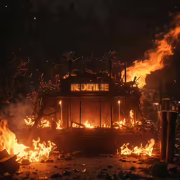 a bus is engulfed in the fire at night