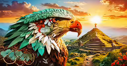 an eagle with a hat sitting on the top of a mountain