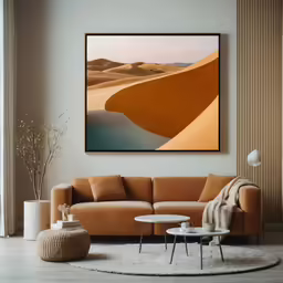 a living room with large painting and furniture