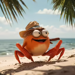 a crab on the beach with large eyes and a hat on