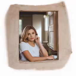 the girl is posing in a window near a dresser