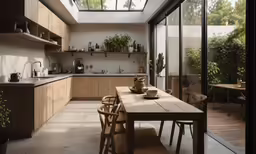 a kitchen with a wooden dining table in it