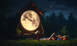a young man and woman are laying by the moon in the dark with a large clock behind them,two people laying next to each other in the grass
